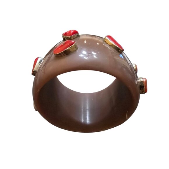 Vintage Unique Plastic And Silver And Coral Bangle Bracelet (A8719) - Picture 2 of 5